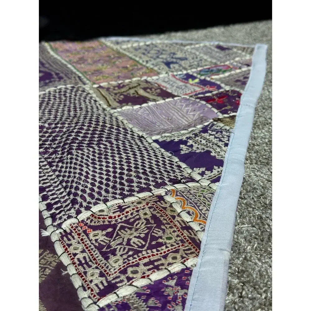 VTG Handmade Indian Patchwork Wall Hanging Rug Mirror Work Embroidered Textile